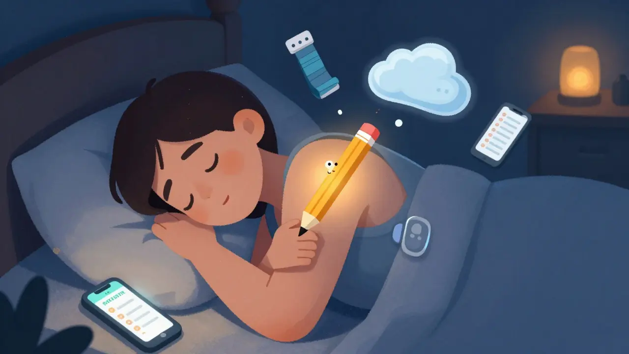 Person sleeping with pillow support, dreaming of shoulder blade exercises and rehab tools in a gentle night scene.