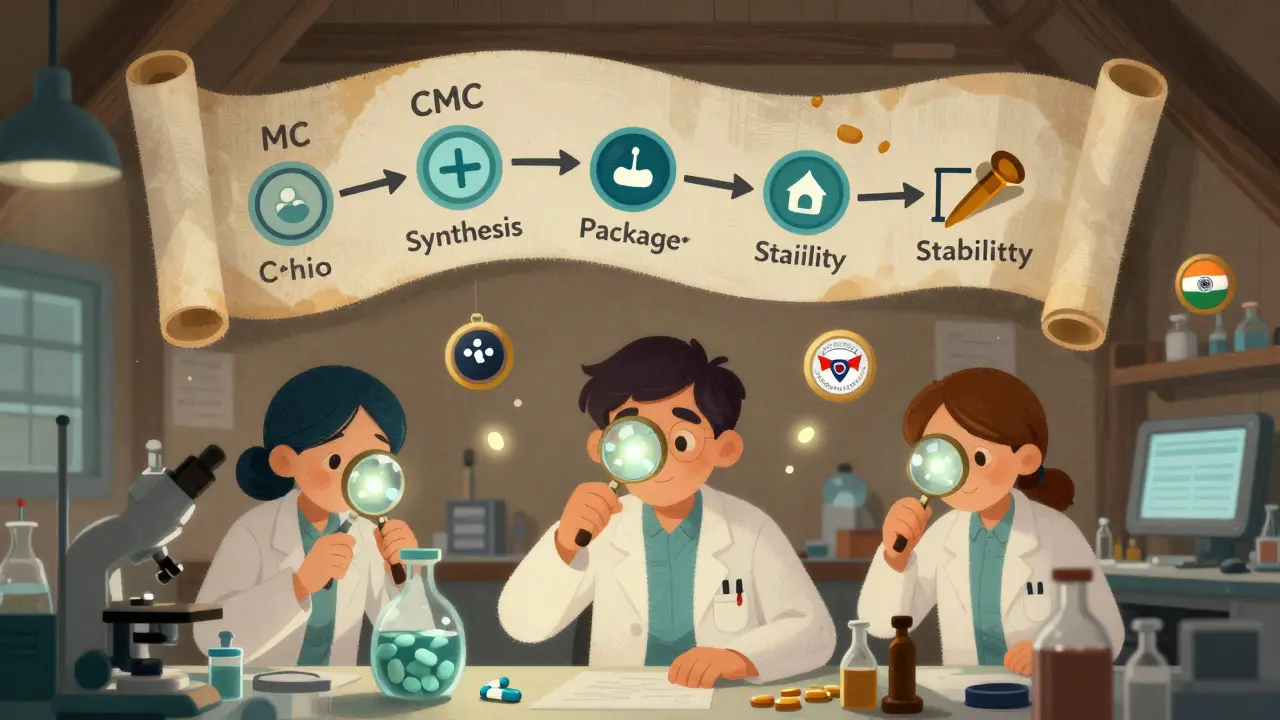 Scientists examine tablets in a lab as a magical flowchart of manufacturing steps unfolds above them.
