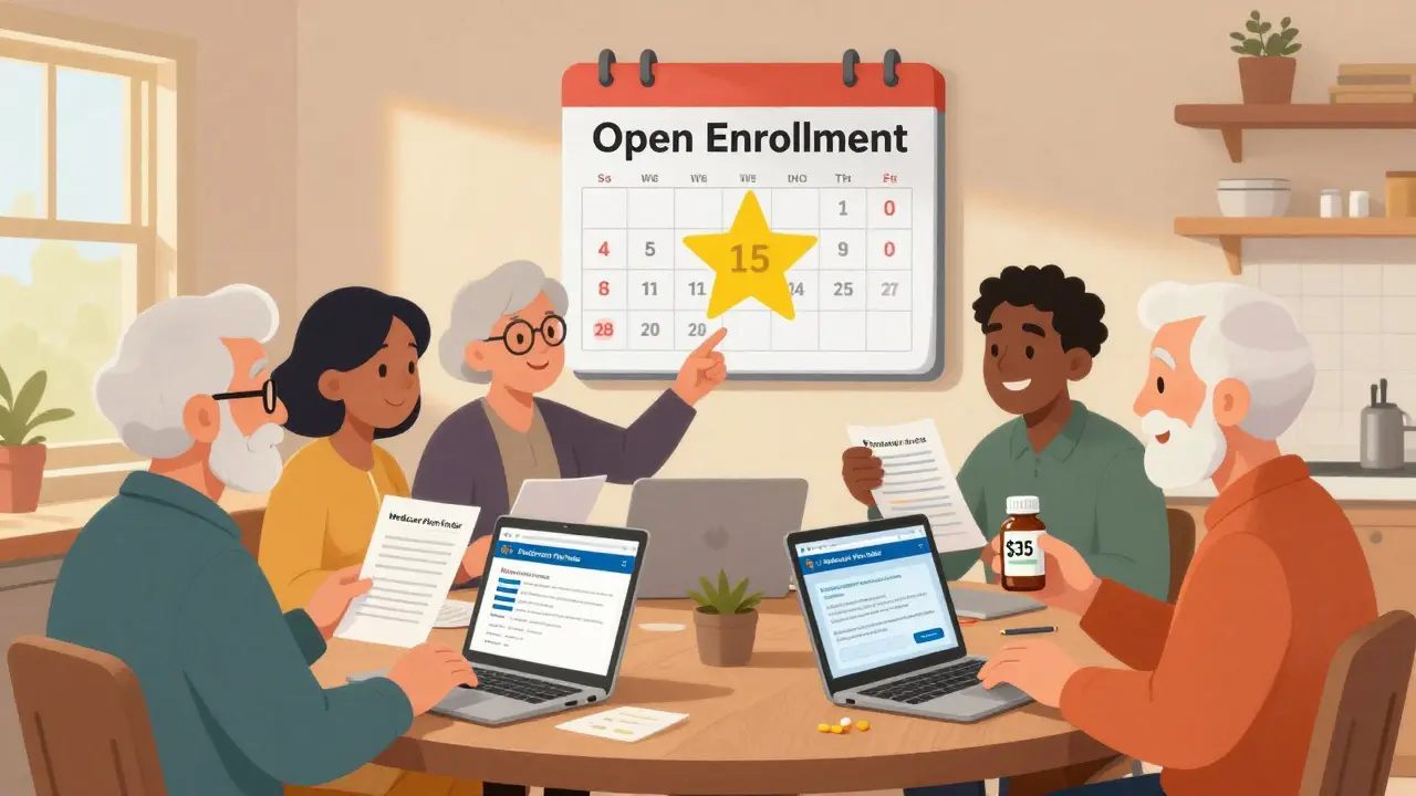 Seniors at kitchen table using laptops to compare drug plans during Open Enrollment, insulin bottle visible.