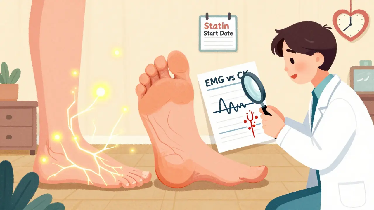 Split image of tingling feet with electric nerves versus healthy nerves, next to a doctor examining a medical chart.