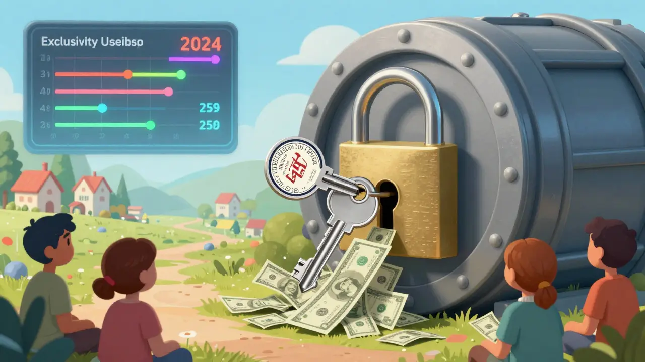Two keys unlock a vault spilling money, as patients watch, with a timeline dashboard in the background.