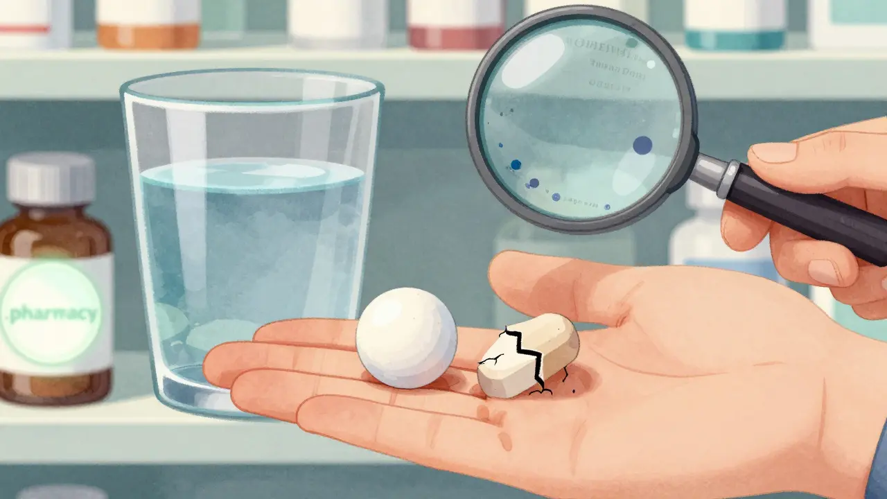 Two pills side by side: one intact, one crumbling, dissolving quickly in water with UV dots visible under magnification.