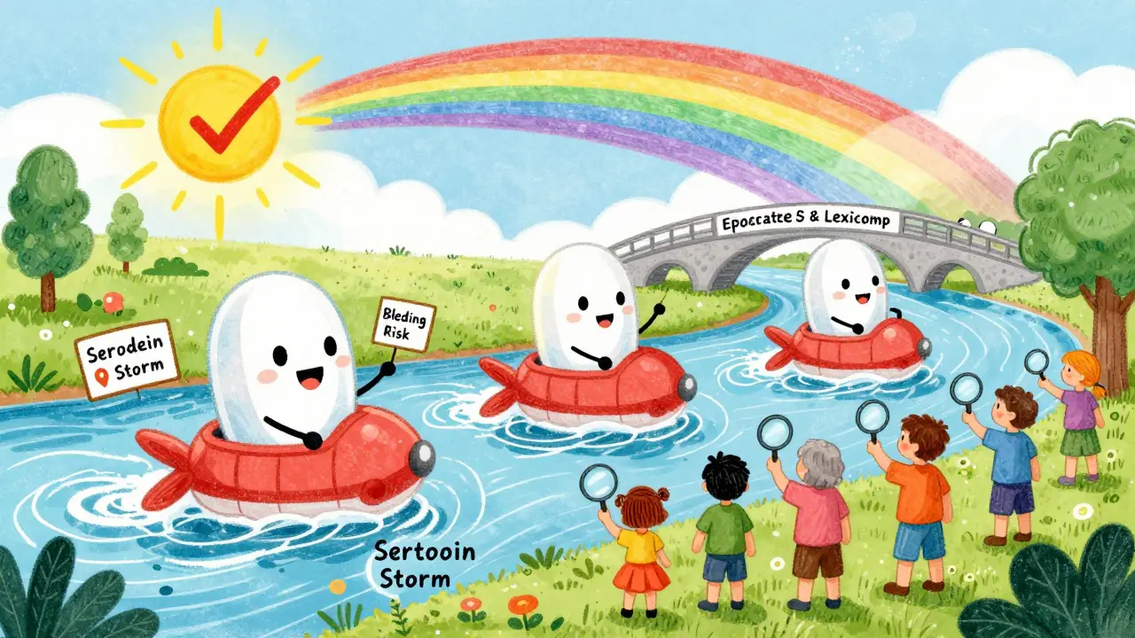 Whimsical pills sailing in a river of light, avoiding danger zones, while people use magnifying glasses to check warnings.