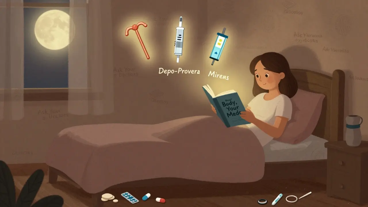 Woman reading at night with safe birth control options glowing above her bed, ineffective pills discarded below.
