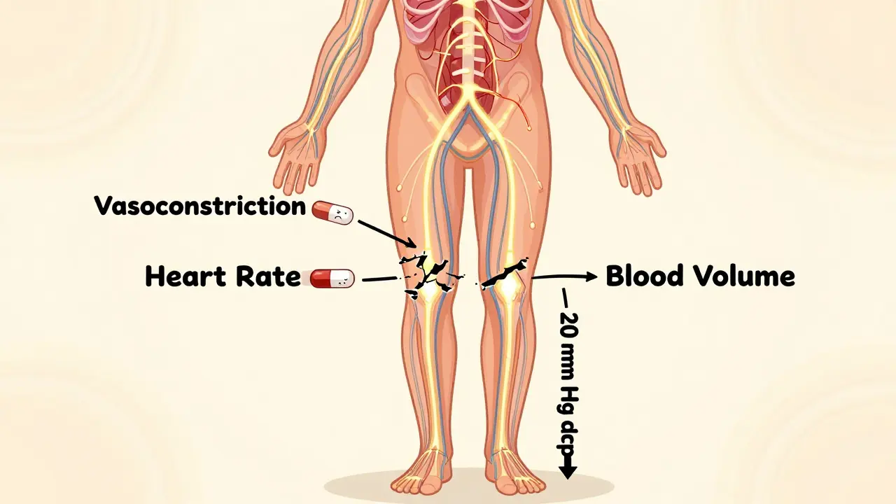 A cross-section of a body shows three broken nervous system connections caused by pills.