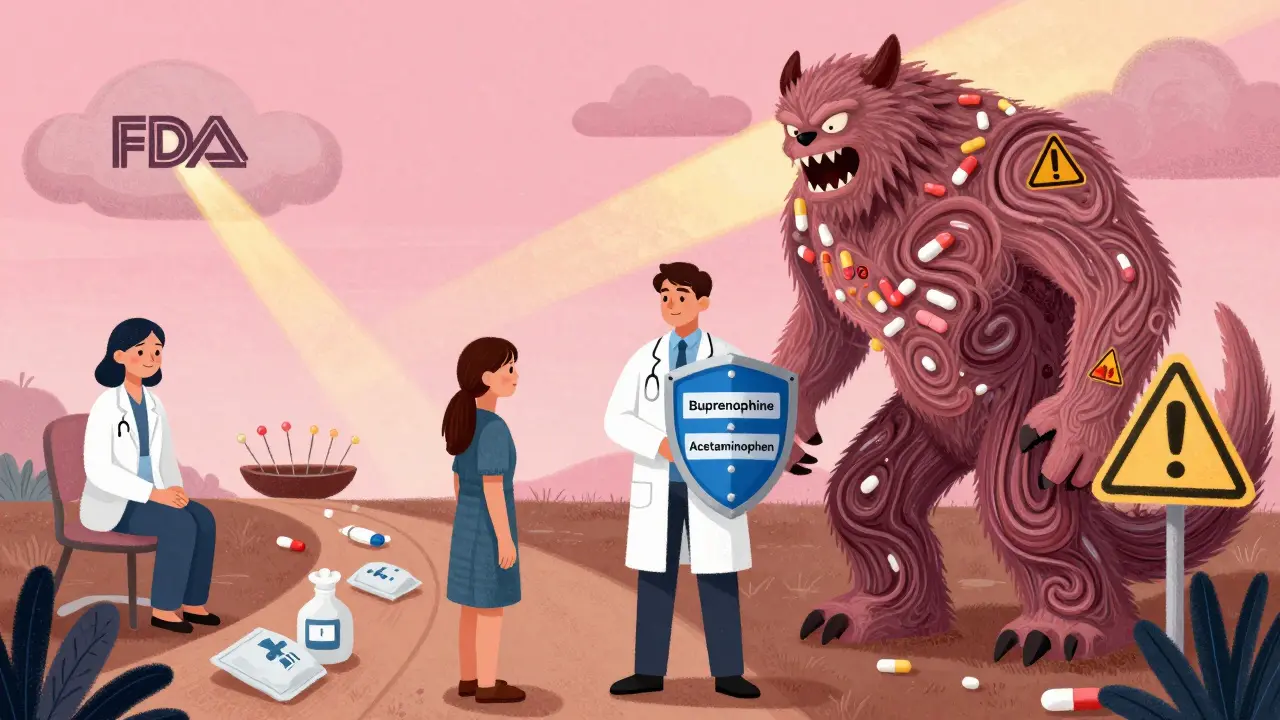 A hero in a lab coat defends a patient from a monstrous opioid beast, standing between them and safe pain relief options.