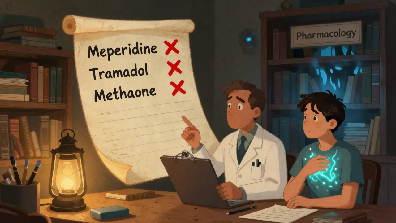 A medical chart with forbidden drugs marked in red, while a doctor and pharmacist debate beside a patient with a glowing chest.