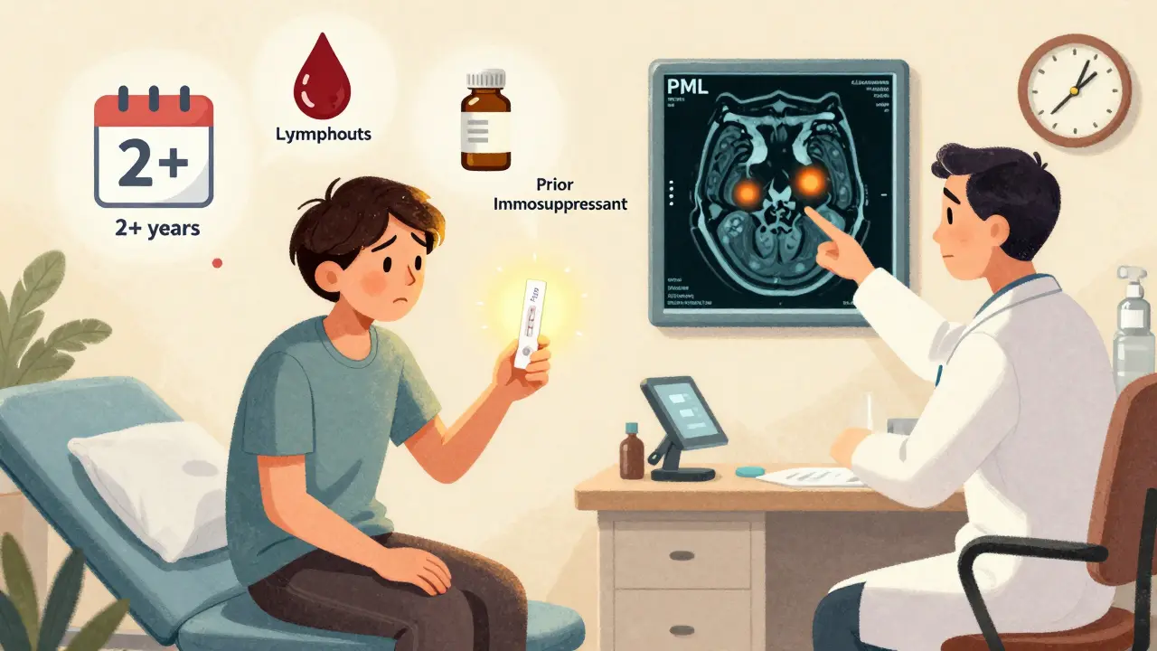 A patient reviewing a JC virus test with floating risk factors and an MRI showing early PML lesions on a screen.
