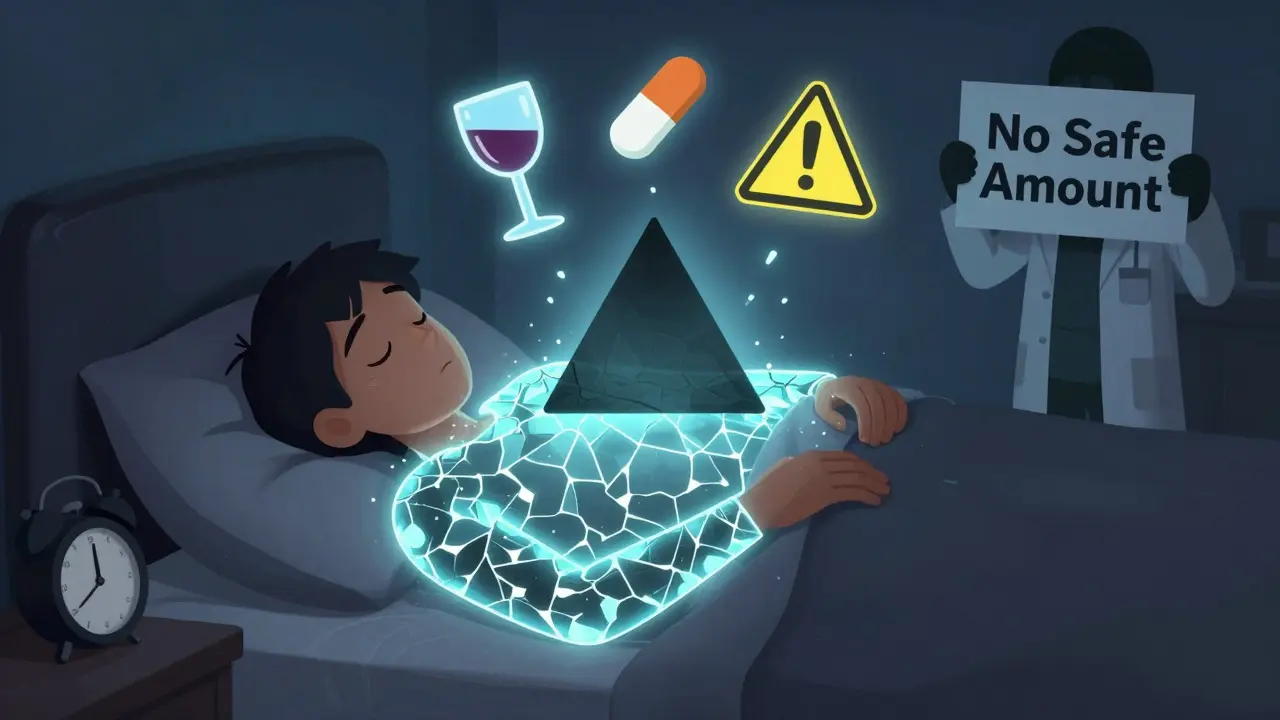 A person’s body glowing in fragments as a triangle of alcohol, pill, and warning symbol presses down on their chest.