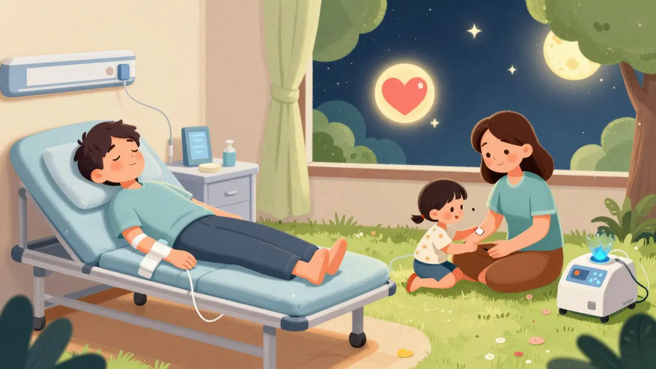 A side-by-side comparison of tired clinic dialysis versus joyful home life after nocturnal dialysis with family.