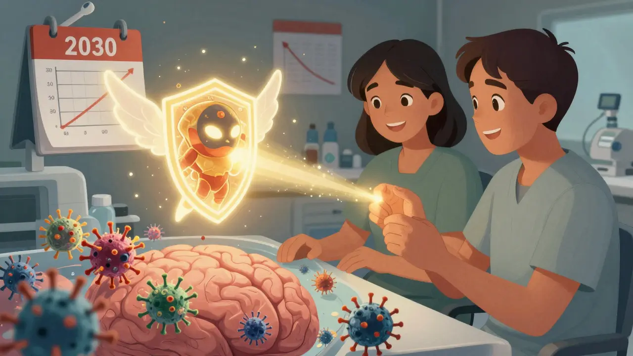 A T-cell superhero neutralizing JC viruses in the brain as a patient regains motor function, symbolizing hope for PML recovery.