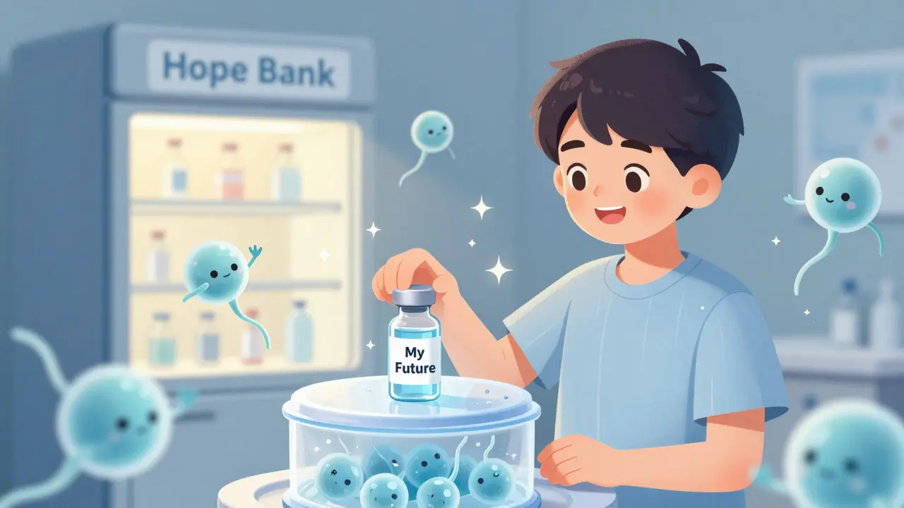 A teenage boy places a labeled vial into a cryo-freezer as cartoon sperm cells wave goodbye in a hopeful, glowing scene.
