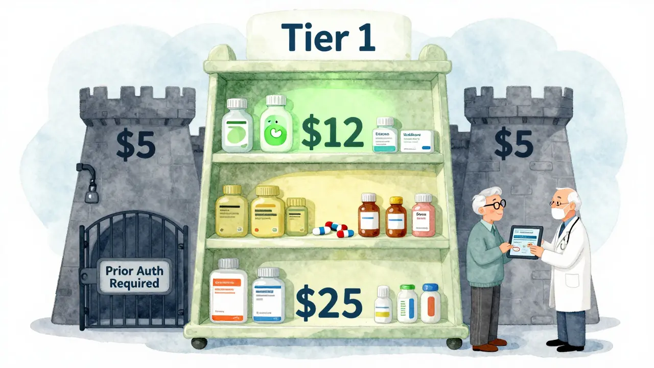 A three-tiered medicine shelf illustrates VA drug costs, with Tier 1 glowing green and Tier 3 locked behind a prior authorization gate.