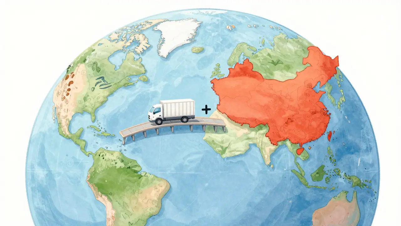 Globe showing China and India connected by bridge with plus sign for supply chain strategy
