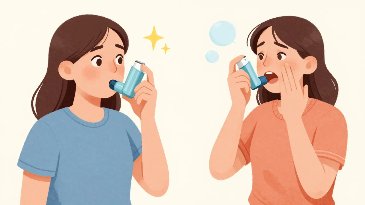 Patient using single inhaler vs another juggling multiple devices in storybook style.