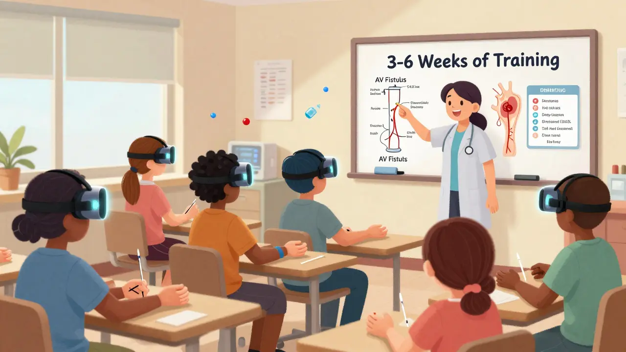 Patients learning home dialysis skills using VR simulators and practice arms in a supportive training classroom.