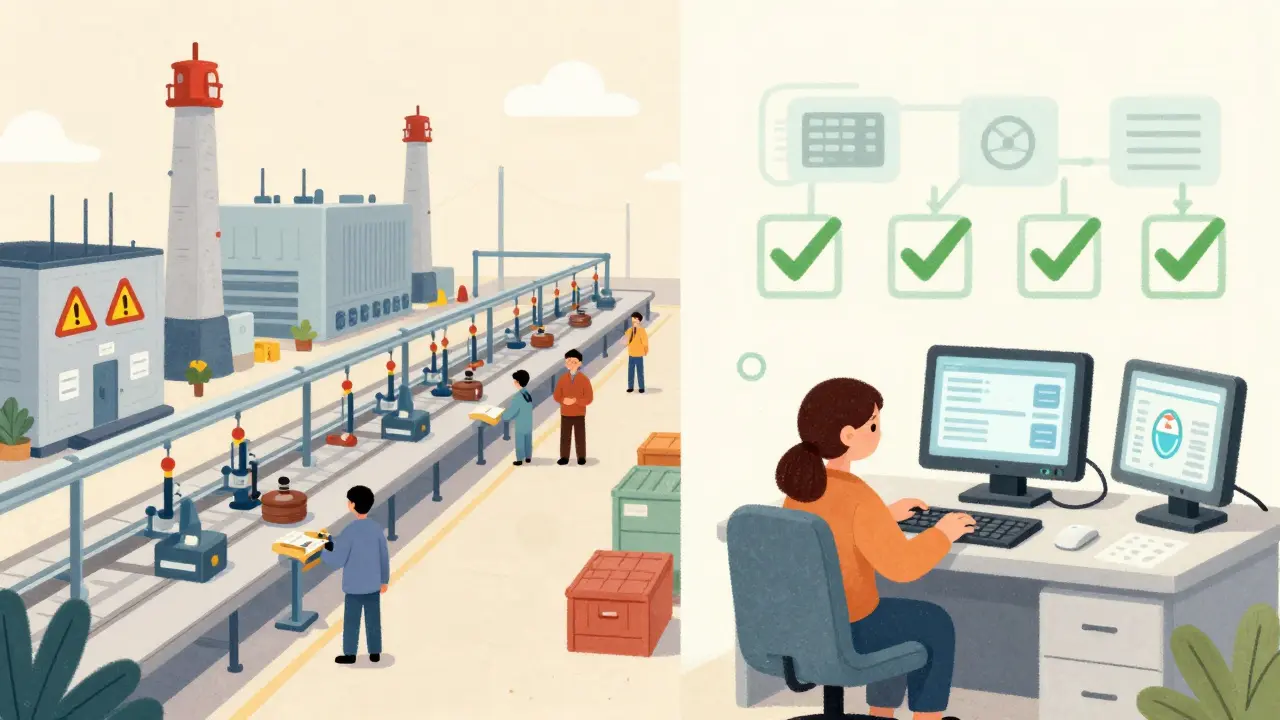 Split scene comparing Chinese and Indian pharmaceutical factories: warning signs vs compliance checks