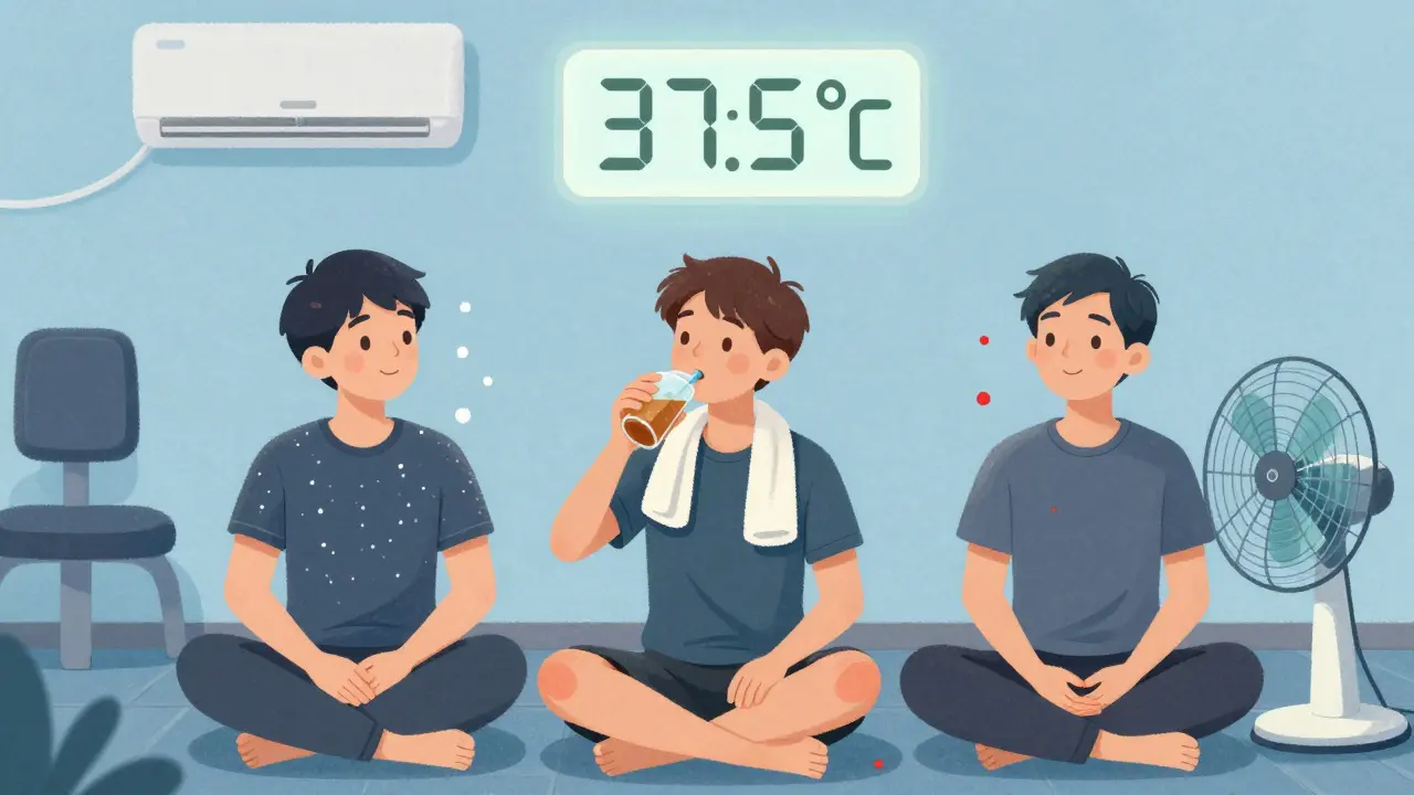 Three people using cooling strategies to prevent hives, surrounded by calm blue tones and a low temperature reading.