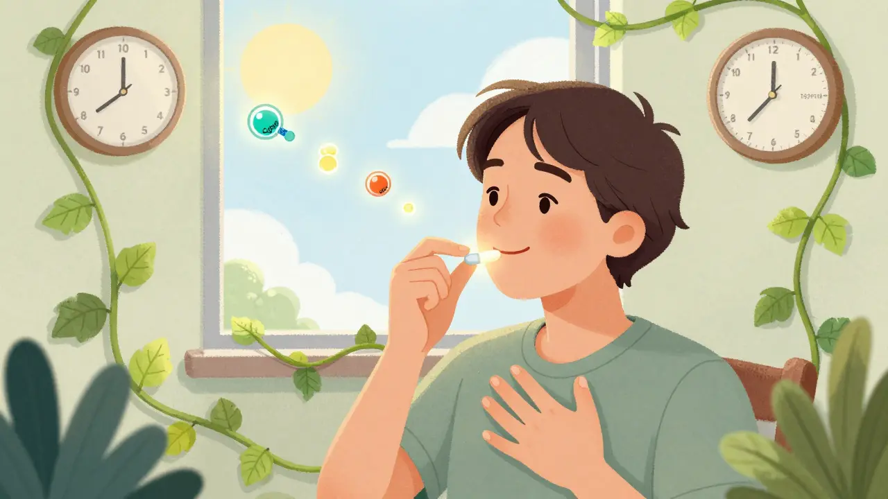 A calm person taking a glowing gepant pill surrounded by dissolving CGRP molecules, with peaceful green vines and sunlight streaming in.