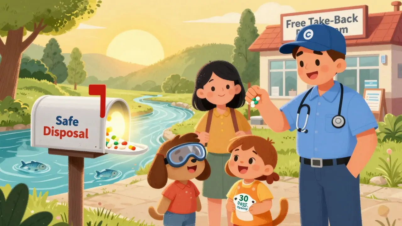 A family mailing expired meds in a safe envelope while a postal worker collects them under a rising sun.