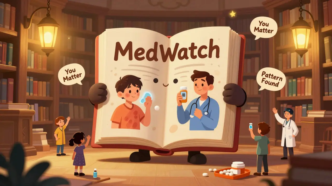 A giant MedWatch book revealing real-life adverse event scenes, with gentle floating encouragement labels.