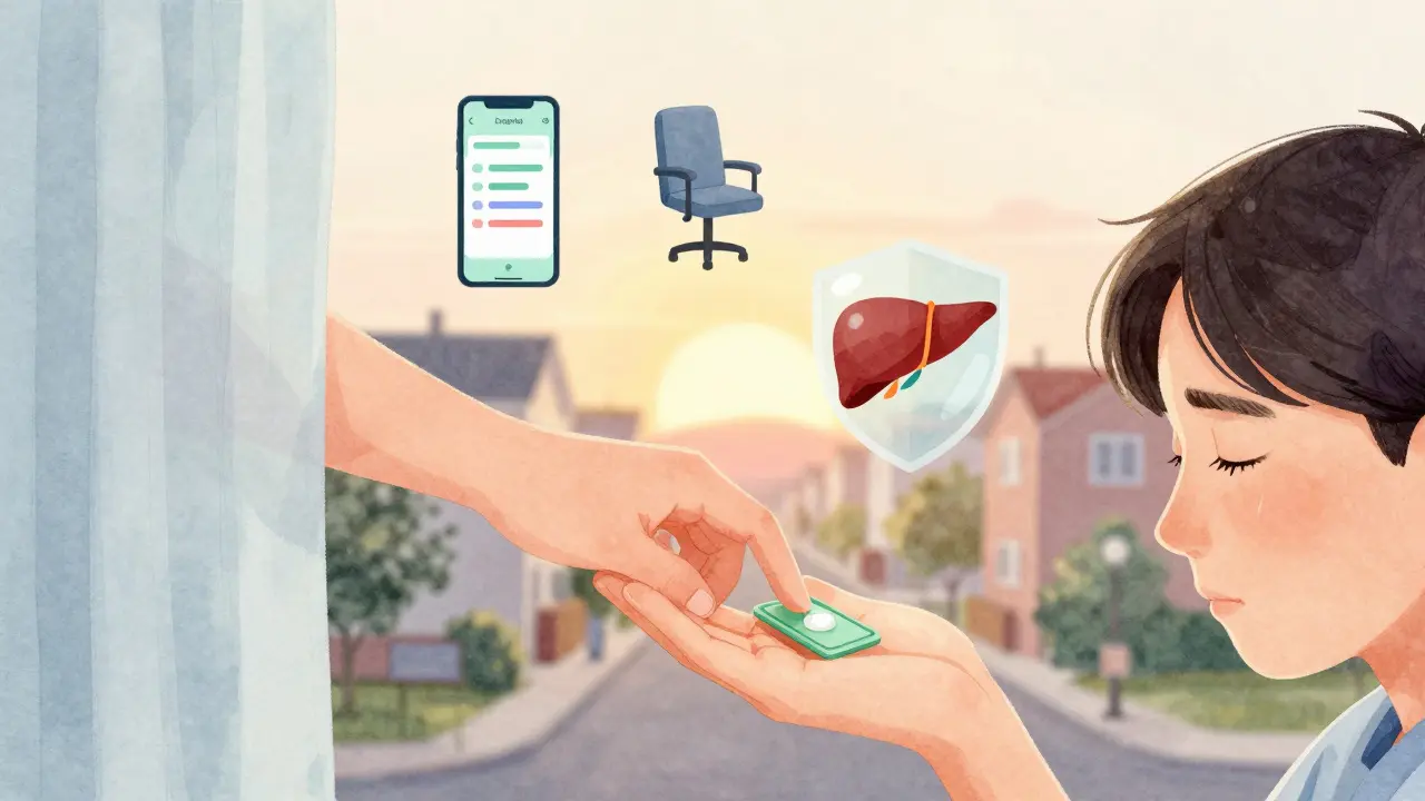 A hand gives a tablet to someone tired, with healing symbols like a smartphone app and sunrise in the background.