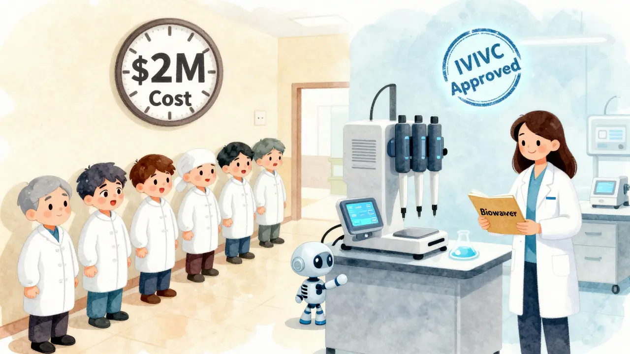 A lab with automated equipment and a biowaiver stamp contrasts with a costly human trial scene in a storybook style.