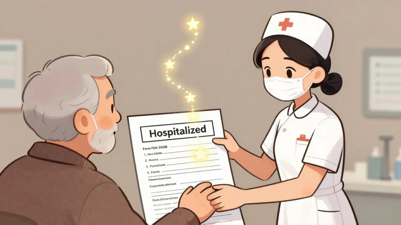 A nurse helping an elderly person report a serious reaction, with glowing stars rising from the form.