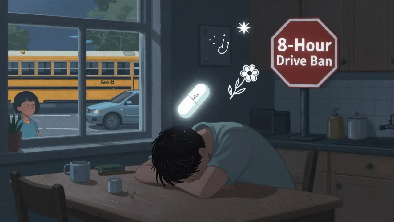 A person feeling dizzy and fatigued after taking a ditan pill, with symbols of impaired function and a child waiting outside.