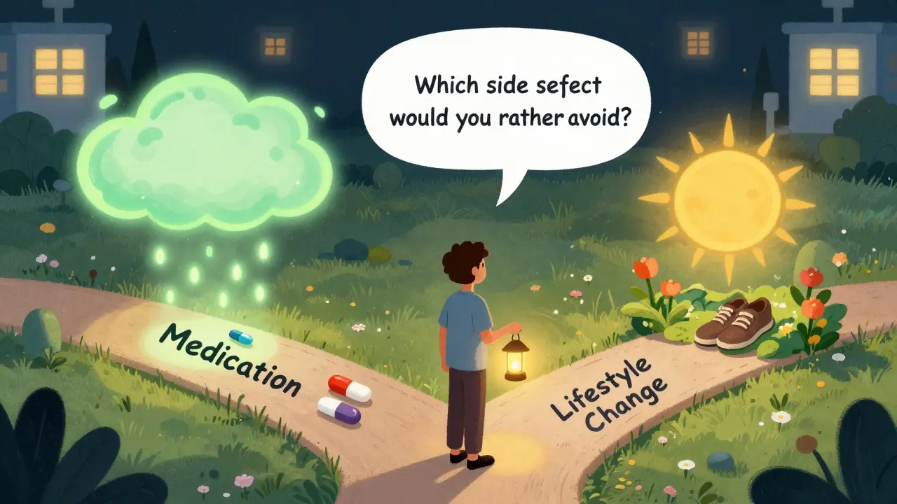 A person stands at a crossroads between medication and lifestyle change, holding a lantern labeled 'My Values.'