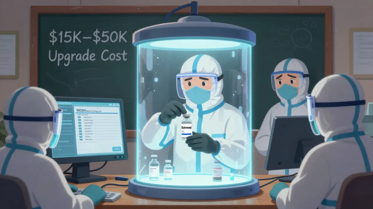 A pharmacist in protective gear handles a hazardous cancer drug inside a specialized containment hood.