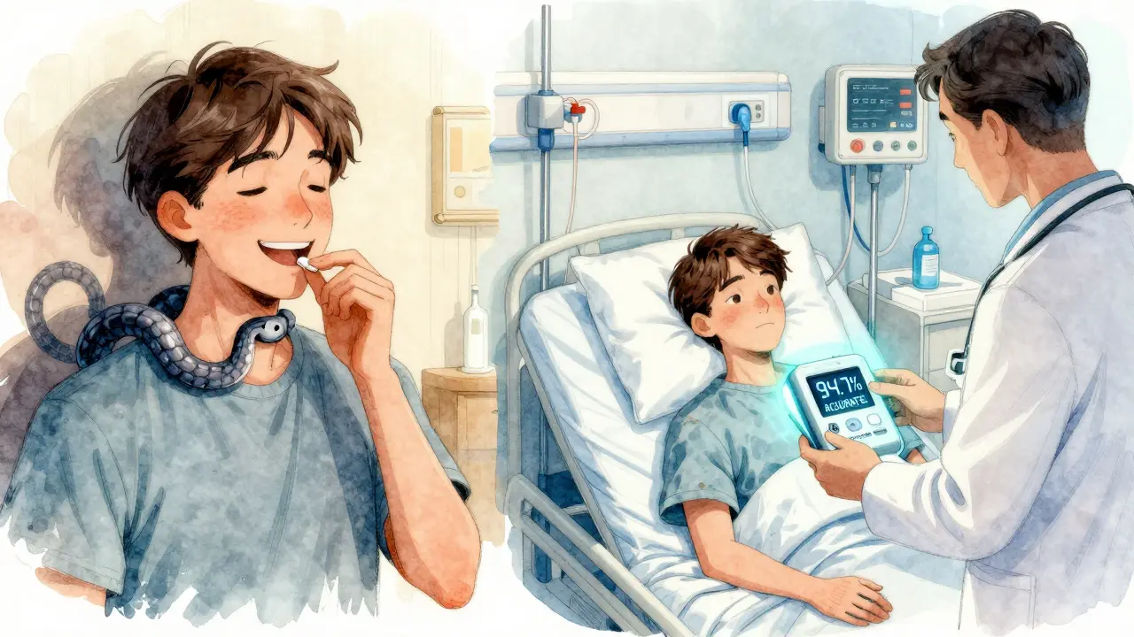 A split illustration showing a person taking a pill at home versus the same person in a hospital with a new monitoring device glowing beside them.