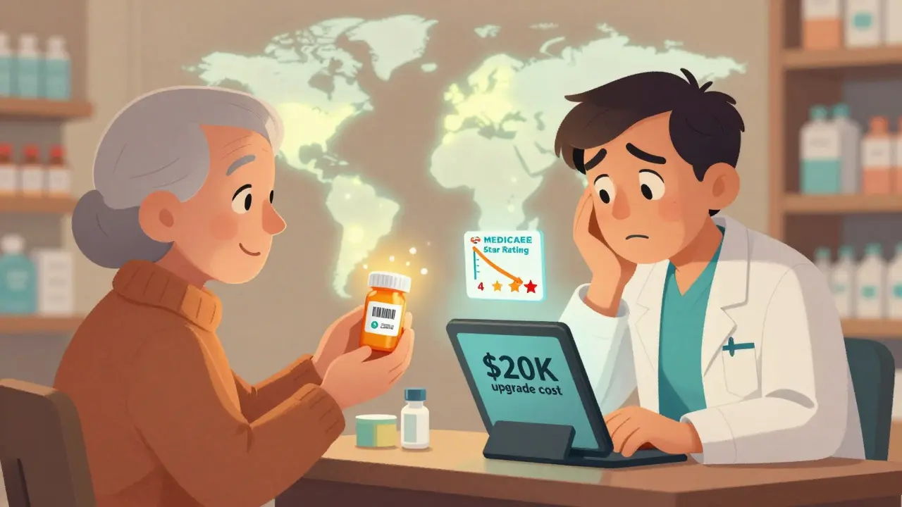 An elderly patient receives medication while a pharmacy owner faces costly upgrades and declining Medicare ratings.