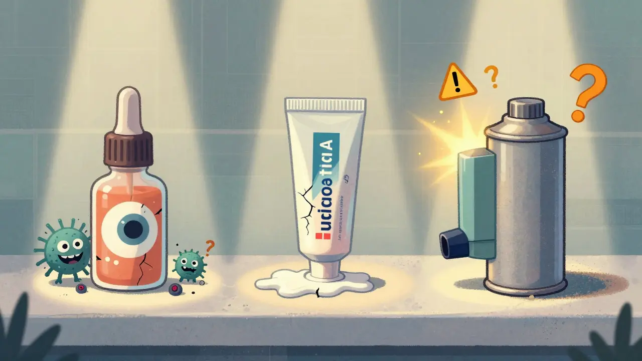 An expired eye drop bottle with bacteria, drying cream, and a sparking inhaler on a bathroom counter.