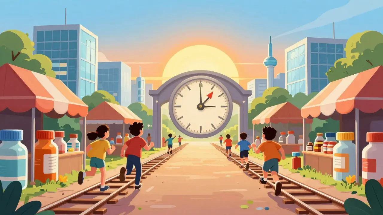 Colorful medicine bottles racing on tracks under bright sunrise.