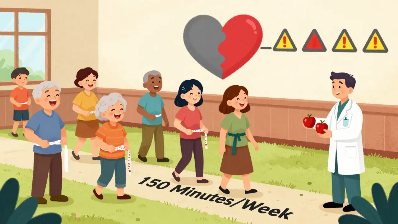 Diverse people in a community center measuring waistlines and walking, with a mural showing reversed metabolic syndrome.