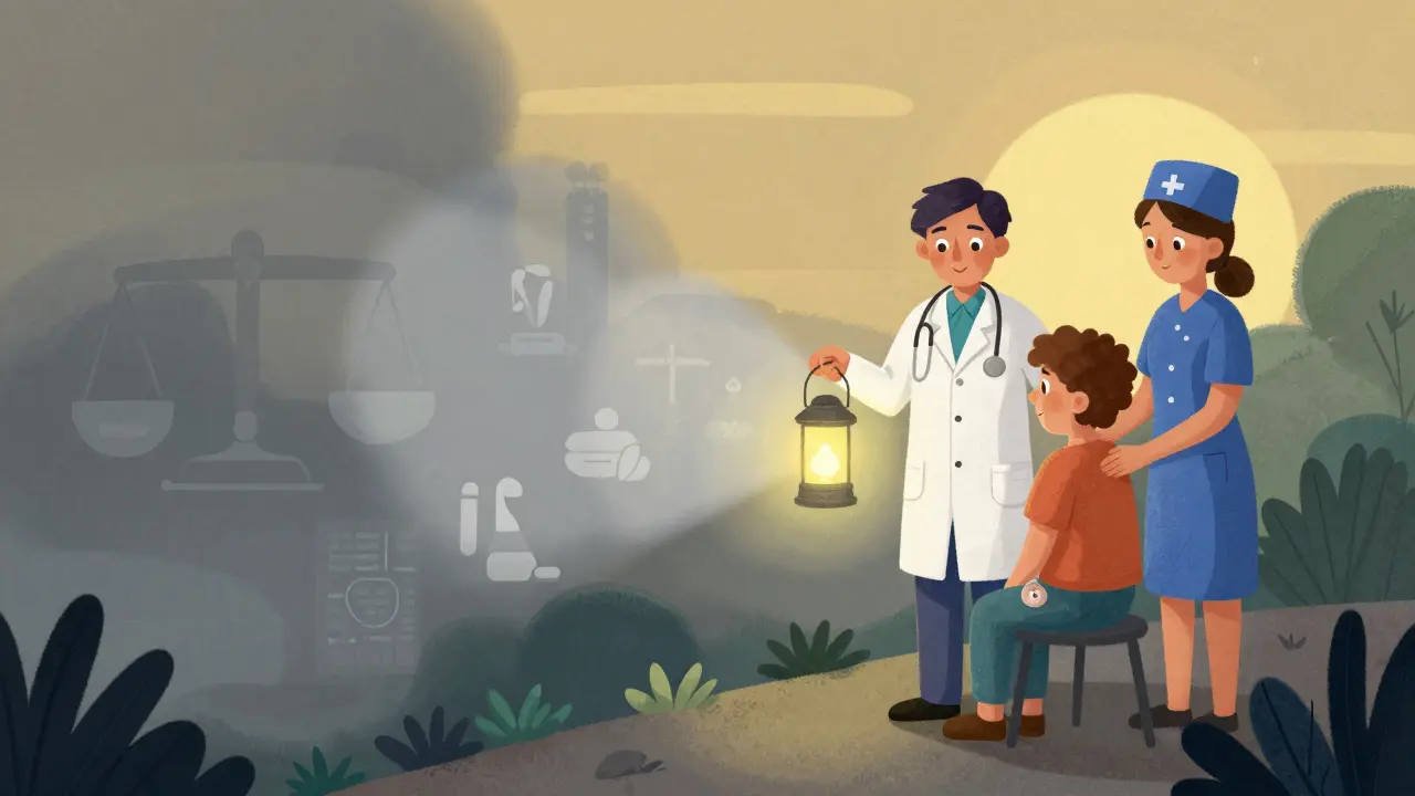 Doctor guiding a patient along a path away from illness shadows