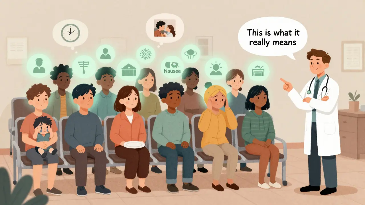 One hundred people in a waiting room, with fifteen glowing green to show nausea, illustrating real-life impact of medication side effects.