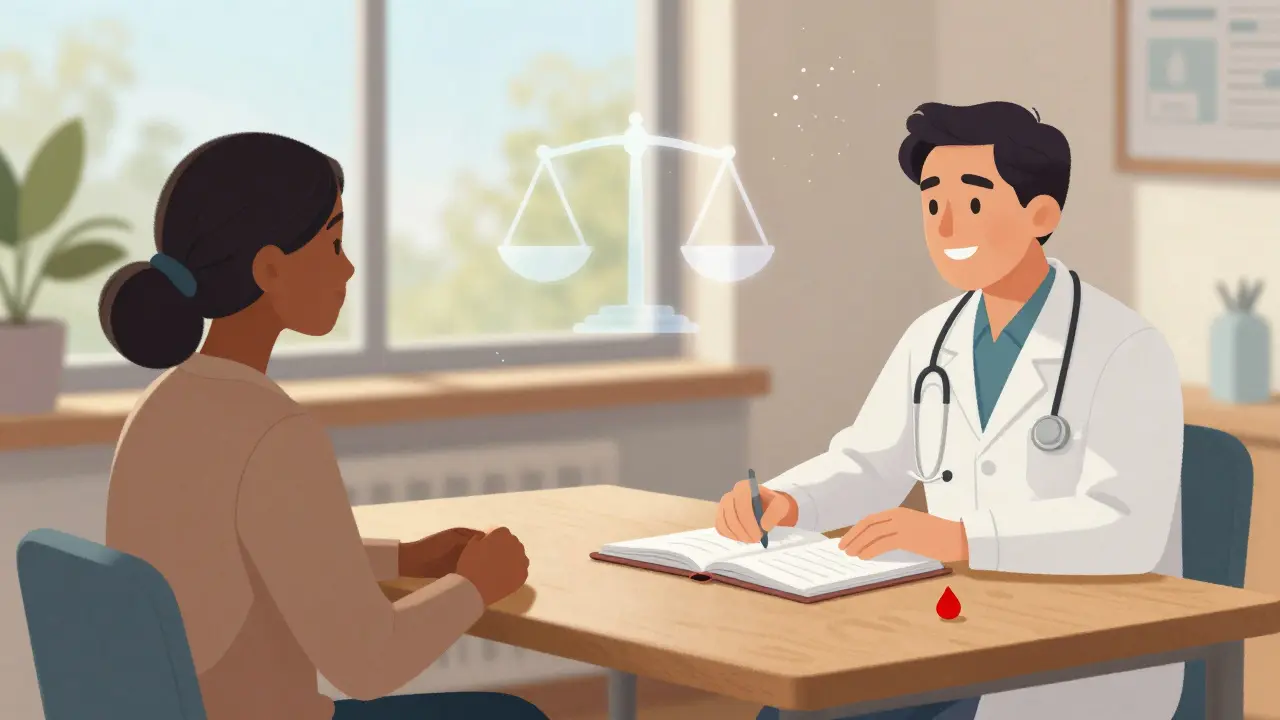 Patient and doctor reviewing health records in cozy clinic setting.