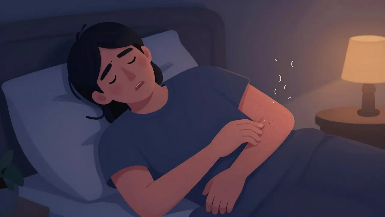 Person feeling nausea and severe itching in a dim bedroom at night