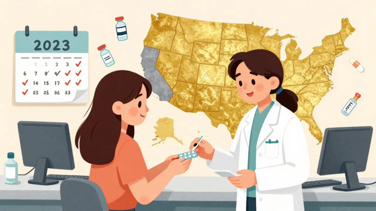 Pharmacist in Colorado prescribing birth control, with U.S. map highlighting states that allow expanded pharmacist roles.