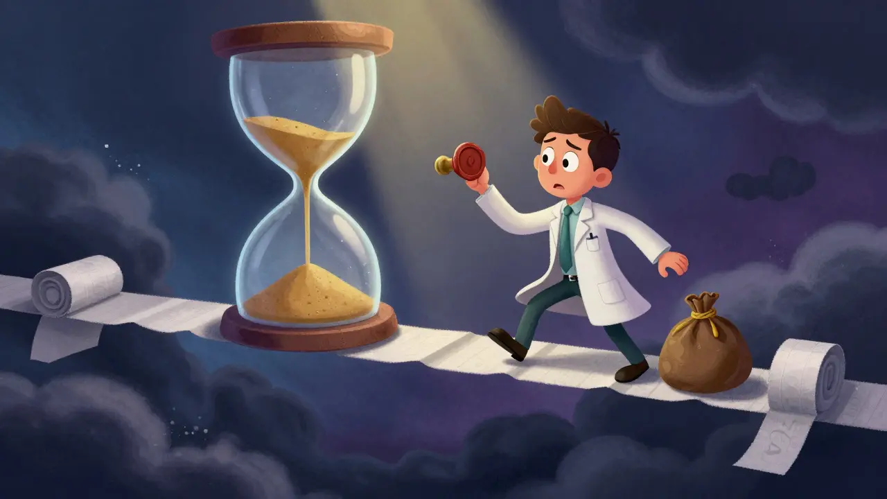 Pharmacist on bridge with hourglass sand draining overhead.