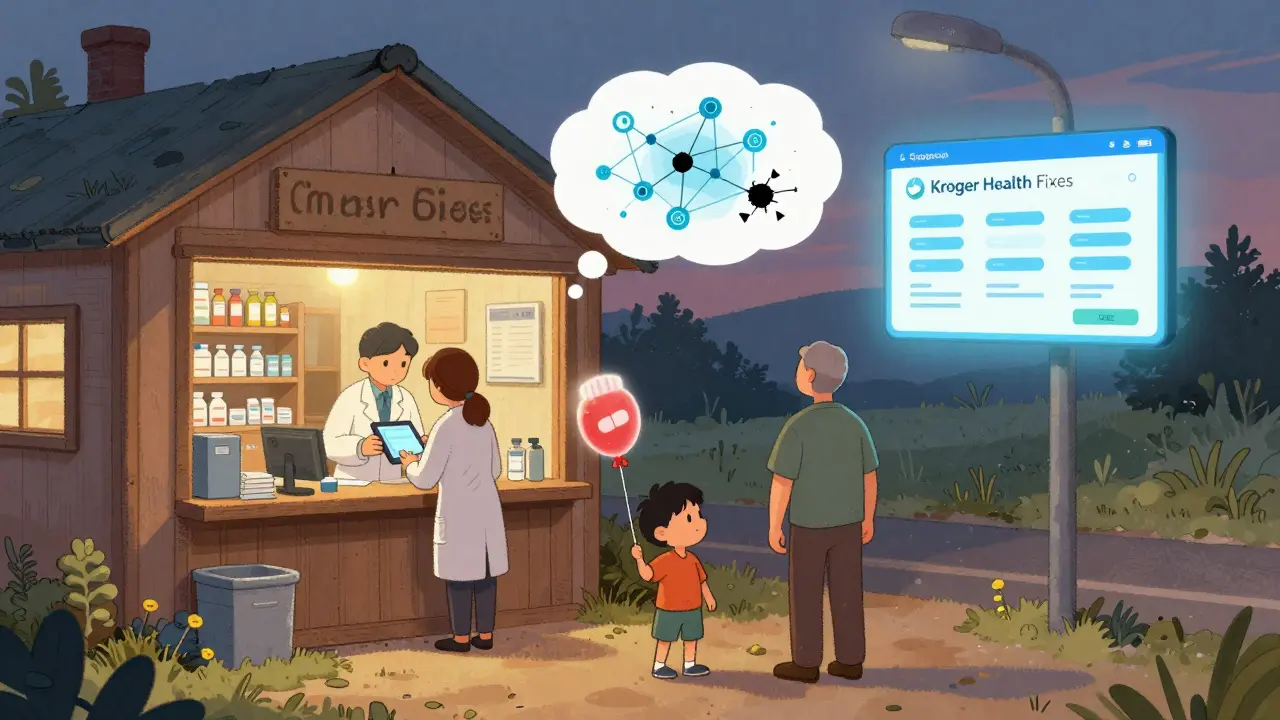 Rural pharmacist using a tablet to fix electronic record issues while a patient waits outside at dusk.