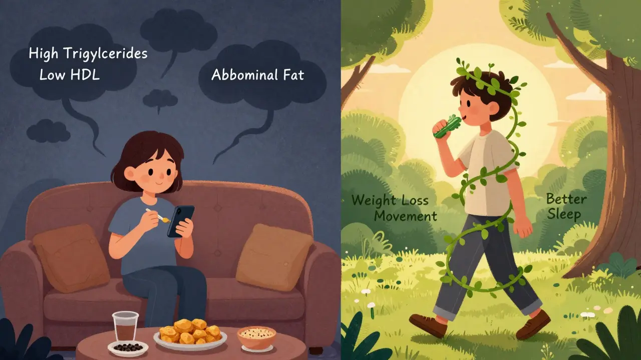 Split scene showing a person's unhealthy lifestyle versus a healthy one, with dark clouds and healing vines.