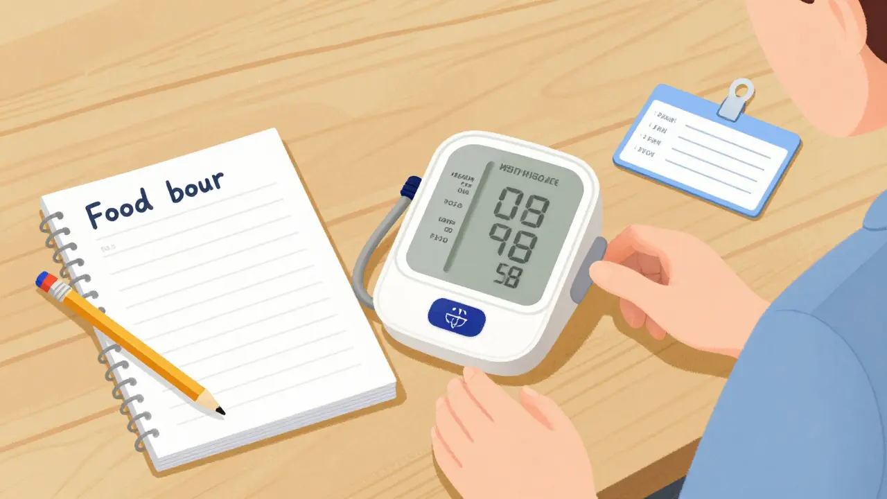 A collection of safety tools including a blood pressure monitor and a food diary.