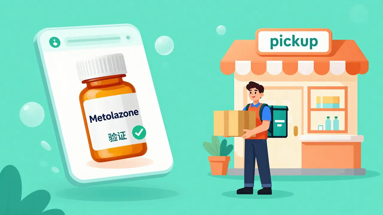 A conceptual illustration of a digital pharmacy verification process and medication delivery options.