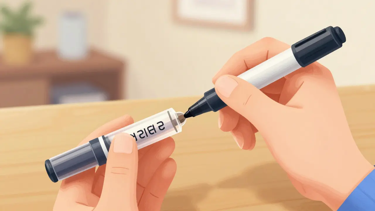 A hand using a marker to write the opening date on an insulin pen.