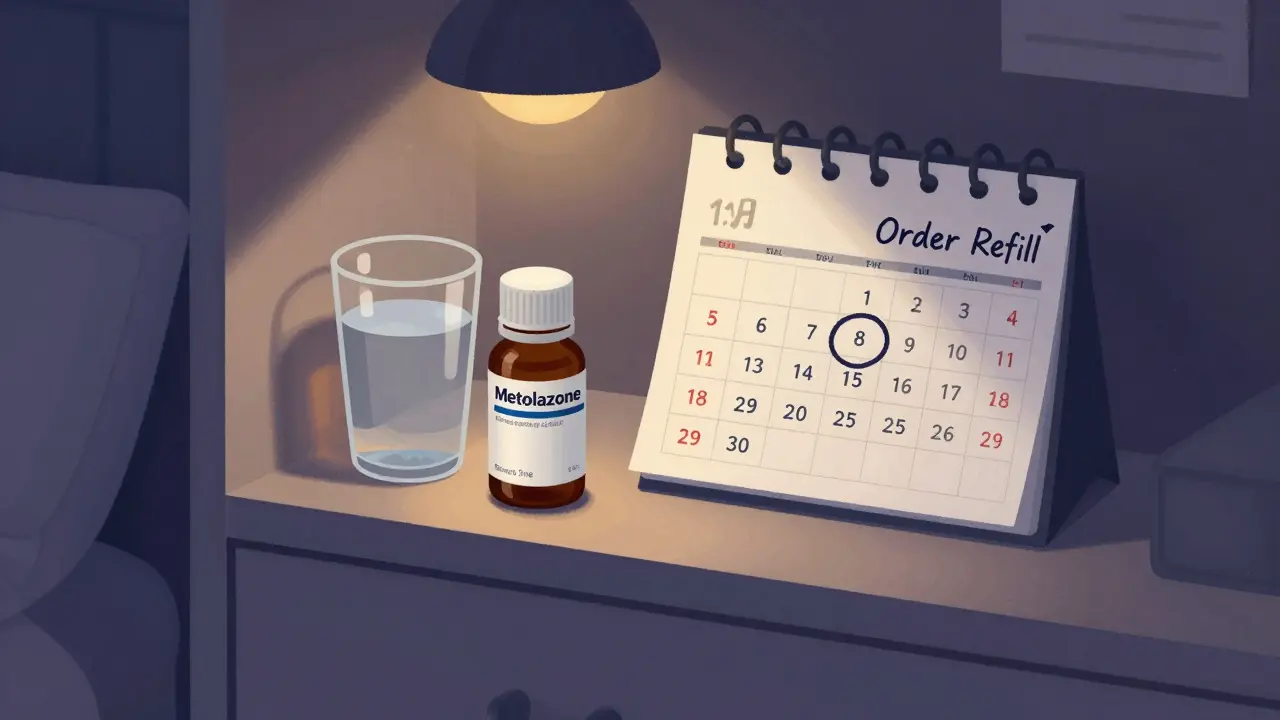 A medication bottle next to a calendar marking a reminder to order a refill three weeks early.