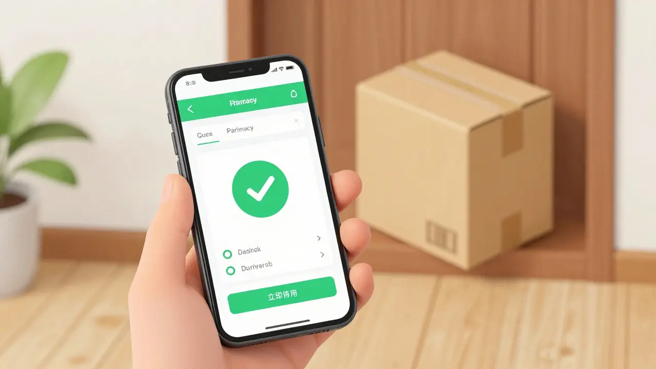 A verified online pharmacy order being delivered to a home doorstep
