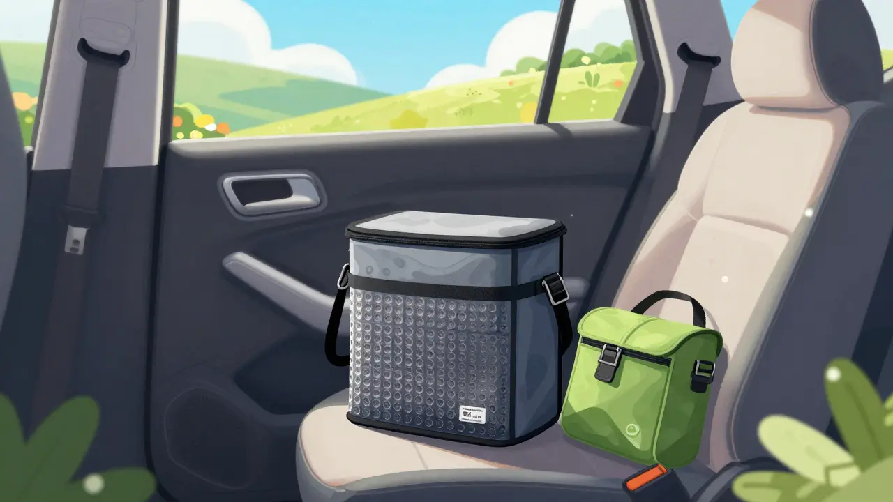 An evaporative cooling wallet and insulated bag for insulin inside a car.